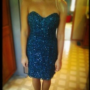 Scala short blue sequined prom dress